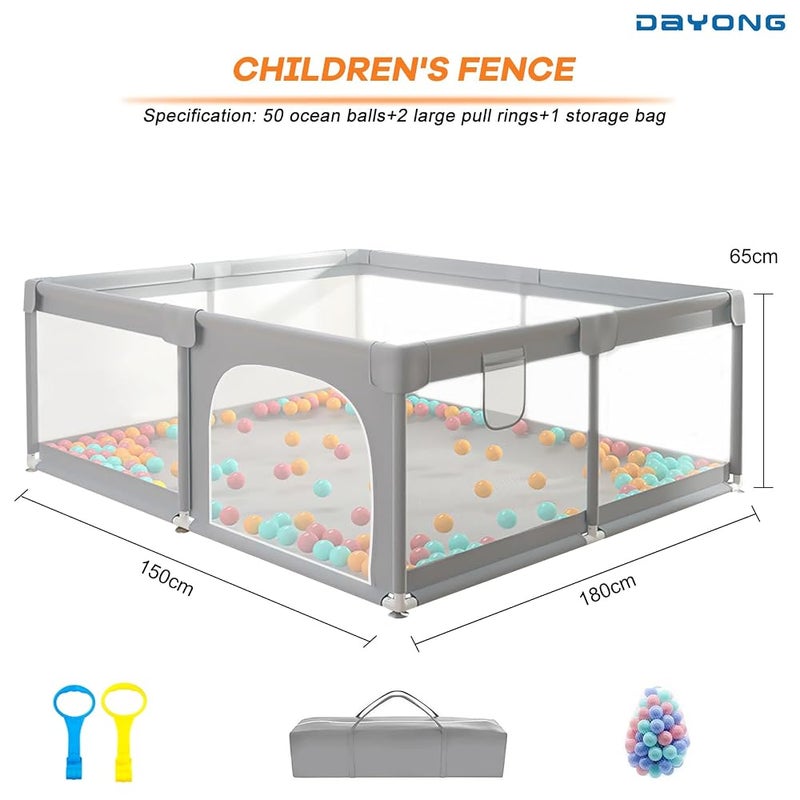 DAYONG Baby Playpen,Toddlers Playpen Fence,Kids Activity Center with Anti-Slip Base,Indoors Outdoors Baby Playard with 50Pcs Ocean Balls with Playmats (Grey, 150 * 180CM) - Image 2