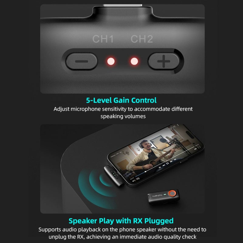 hohem MIC-01 One-Trigger-One 2.4G Wireless Microphone Magnet/ Clip On Mic for Smartphone 3-Level Noise Cancelling Built-in TF Card Slot Remote Shutter Control with Carrying Case External Mic for - Image 4