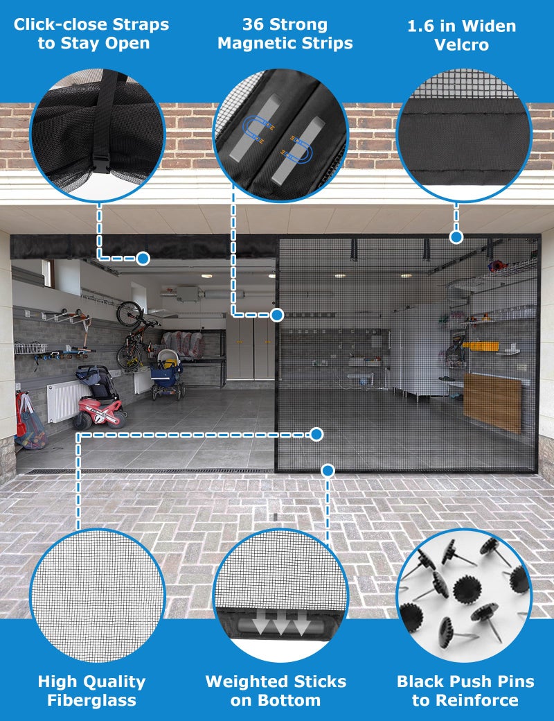 innhom Magnetic Garage Door Screen for 2 Car 16x7 FT, innhom Garage Screen Doors for 2 Car Garage, Double Door Screen Magnetic Closure Mesh Screen Door with 36 Magnets, Fits Door up to 194" x 84" Black - Image 3