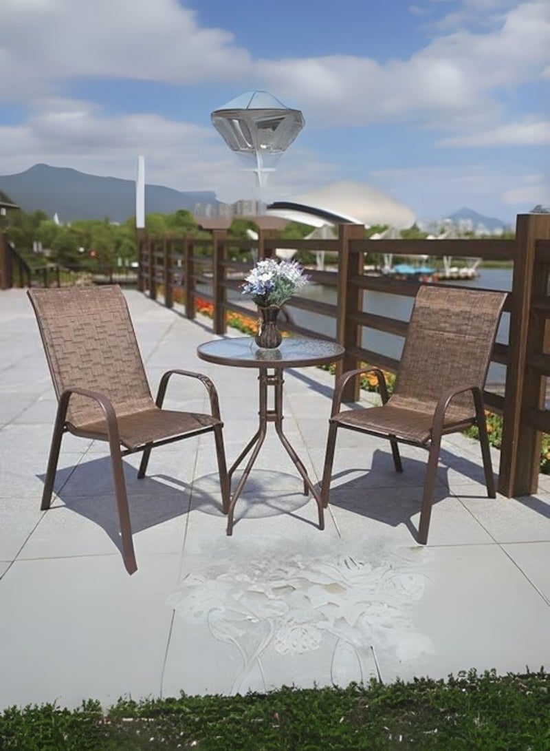 KUSTOMDECO Kustom Deco 3-Piece Outdoor Bistro Set, Brown Textured Sling Chairs, Glass Top Table, Patio Furniture - Image 1