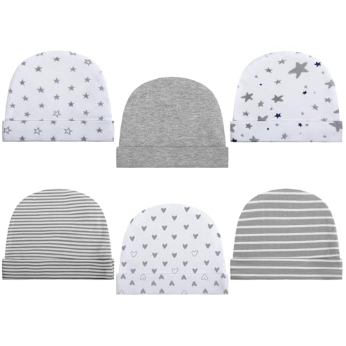 Newcotte 6 Pcs Preemie Baby Hats Cotton Preemie Caps Warm Newborn Beanie Premature Hat for Nicu Premature Boy Girl(Simple Color,Heart and Star Style) - Image 1