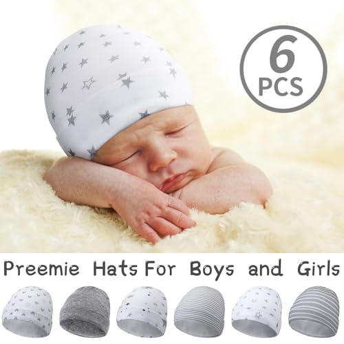 Newcotte 6 Pcs Preemie Baby Hats Cotton Preemie Caps Warm Newborn Beanie Premature Hat for Nicu Premature Boy Girl(Simple Color,Heart and Star Style) - Image 3