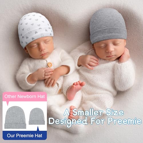 Newcotte 6 Pcs Preemie Baby Hats Cotton Preemie Caps Warm Newborn Beanie Premature Hat for Nicu Premature Boy Girl(Simple Color,Heart and Star Style) - Image 5