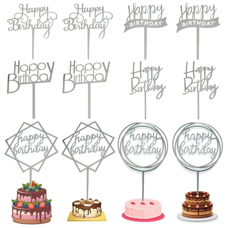 Chewarelly 12 Pack Multi Styles Birthday Cake Topper Set, Acrylic Cake Bunting Decor Birthday Cake Picks Party Decorations Supplies(Silver) - Image 1