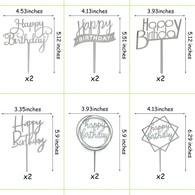 Chewarelly 12 Pack Multi Styles Birthday Cake Topper Set, Acrylic Cake Bunting Decor Birthday Cake Picks Party Decorations Supplies(Silver) - Image 2