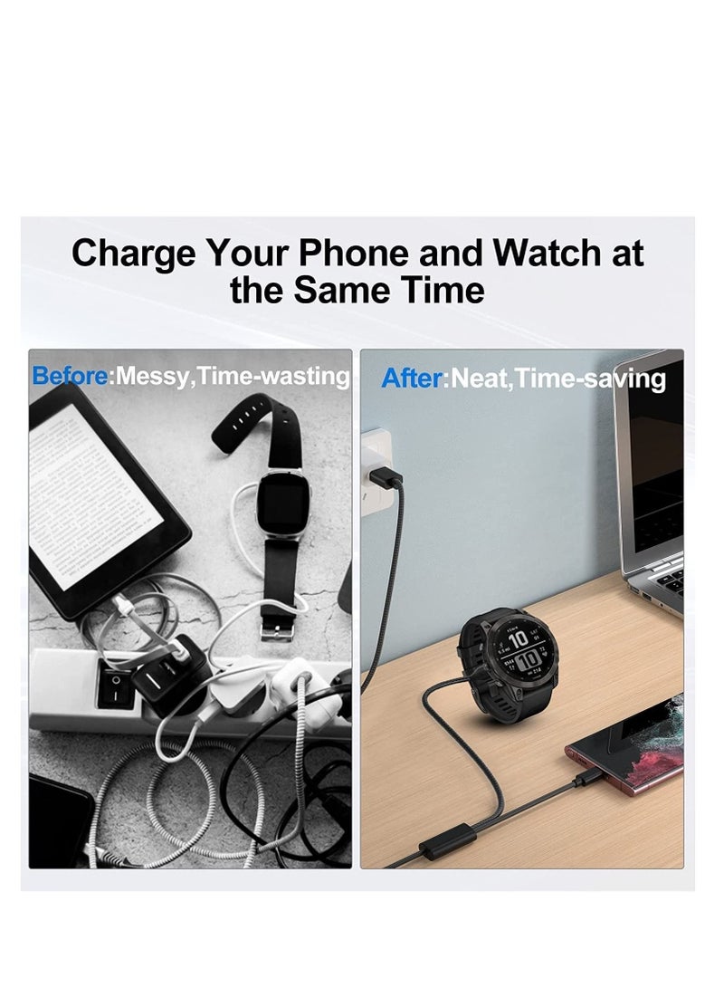 Captaintech Charger Cable 2 in 1 Compatible for Garmin Vivoactive 3 4 4S Fenix 7 7S 7X 6 6S 6X Venu Plus Sq Forerunner 55 45 Instinct Type C Charging Cord Smartphone 120cm - Image 5