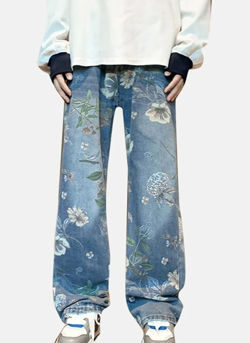 يونيكي Blue Printed Mid Rise Relaxed Straight Jeans