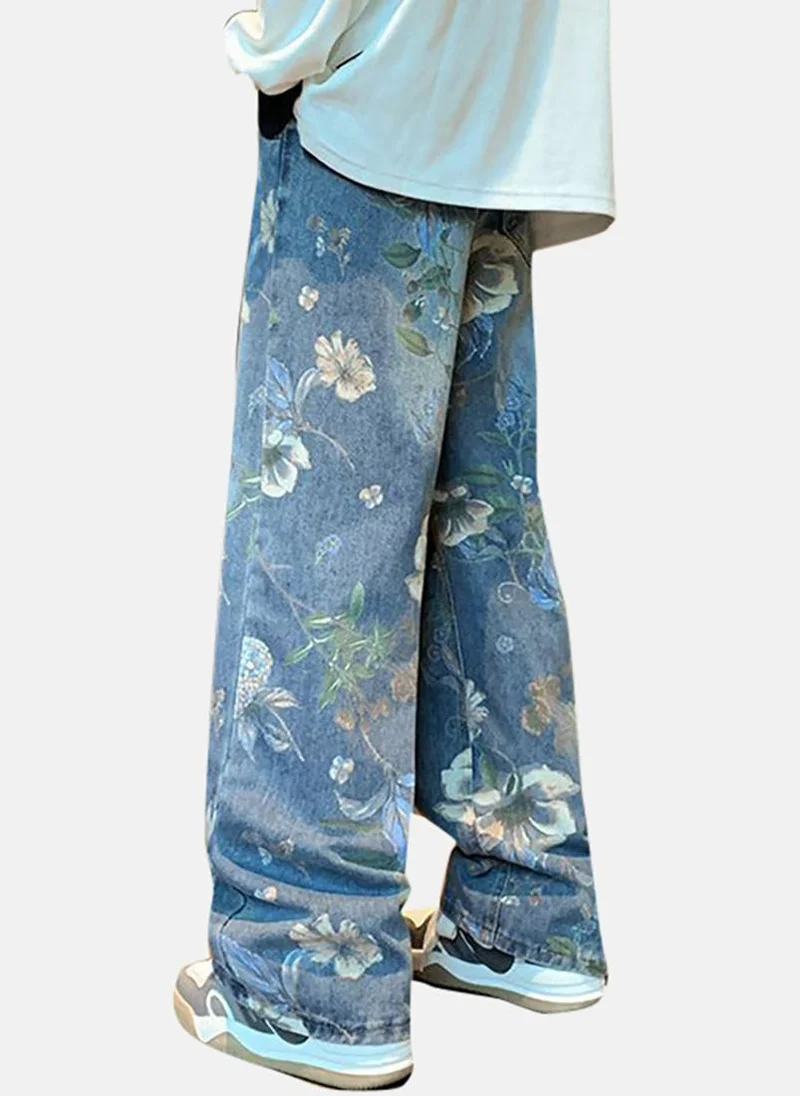 يونيكي Blue Printed Mid Rise Relaxed Straight Jeans