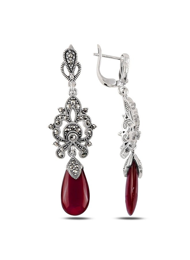 EMNON - Silver-Natural Marcasite & Red Agate Dangle Earrings-High-Quality Jewelry in UAE Dubai 100% Precious Metal Gift for Women-EMNON104EA-E99303 - Image 1
