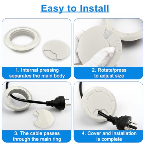 Serplex® 4Pcs Desk Grommets 2.36 inches Round Cable Grommets Desk Cable Hole Covers Multi Cable Organizers Office Decorative Desk Grommets for Power Cords(White) - Image 4