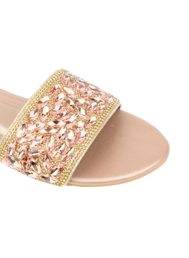 Dollar's Fashion Open Toe Slip On Flats Women Sandals, Crystal Embellished Elegant Synthetic Leather Ladies Fashion Footwear (Rose) - Image 2