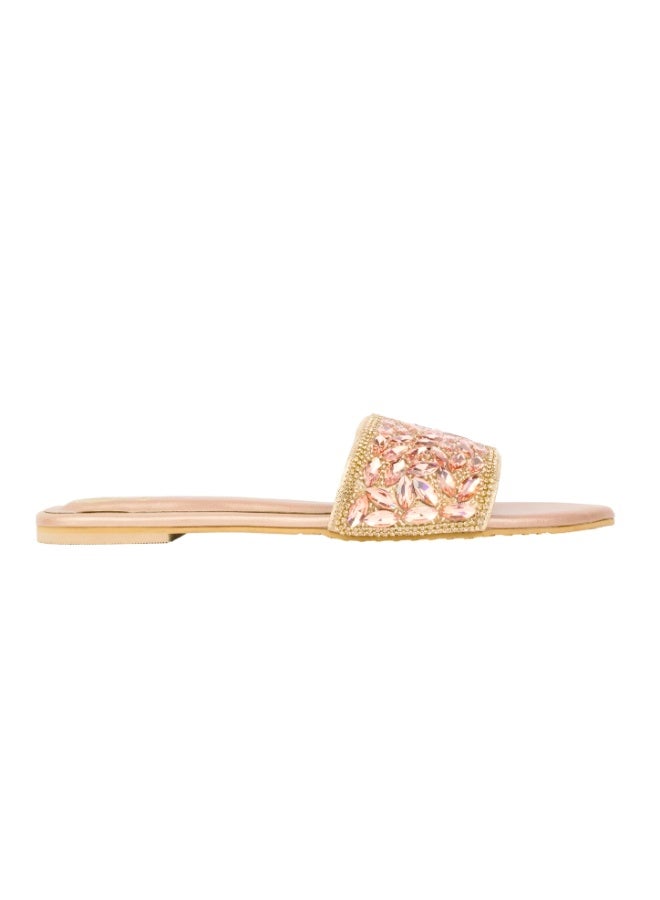 Dollar's Fashion Open Toe Slip On Flats Women Sandals, Crystal Embellished Elegant Synthetic Leather Ladies Fashion Footwear (Rose) - Image 3