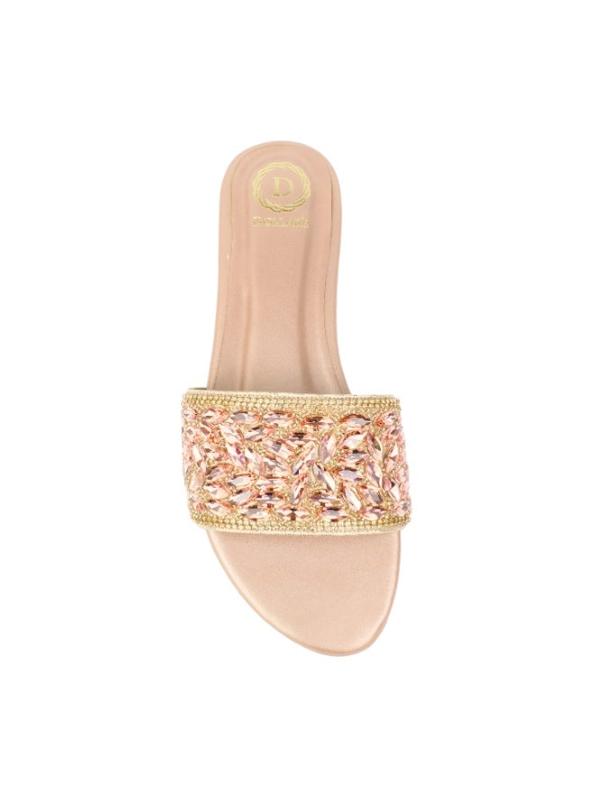 Dollar's Fashion Open Toe Slip On Flats Women Sandals, Crystal Embellished Elegant Synthetic Leather Ladies Fashion Footwear (Rose) - Image 4