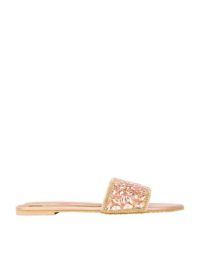Dollar's Fashion Open Toe Slip On Flats Women Sandals, Crystal Embellished Elegant Synthetic Leather Ladies Fashion Footwear (Rose) - Image 1