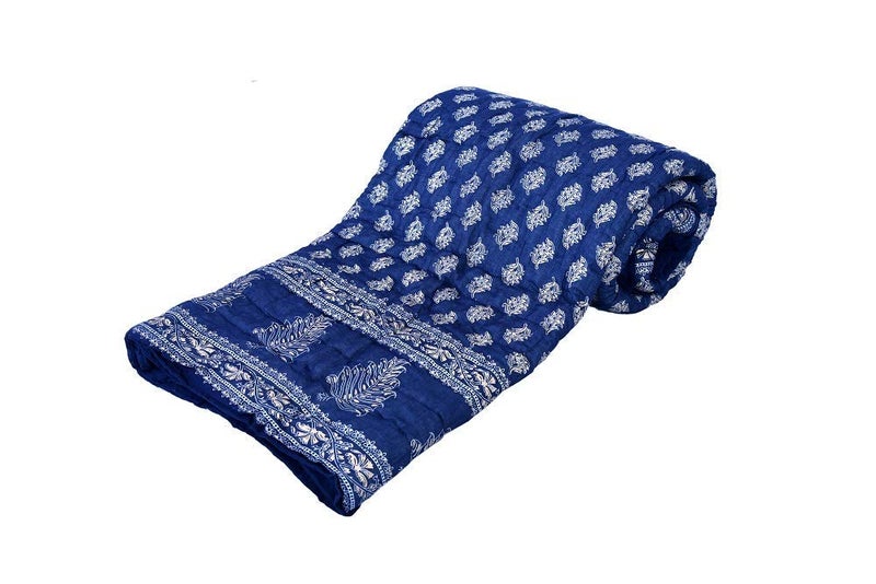 AARMOZY Cotton Soft Jaipuri Razai Traditional Print Single Bed AC Blanket Blue 85X55 INCHE - Image 1
