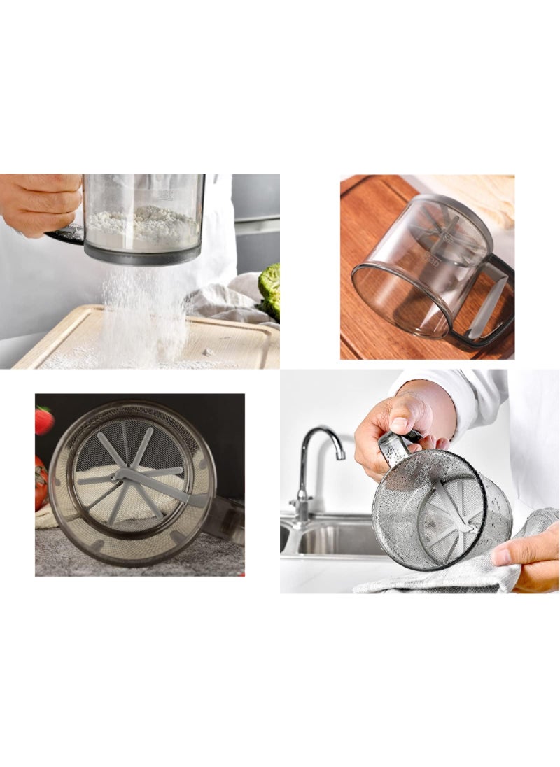 Peachjoy - Flour Sifter, Hand-held Flour Sieve Transparent with Invision Scale Baking Sieve Cup Flour Sieve Stainless Steel Layers Sieve with Hand Press Design（1 PC）Flour Shaker Cup for Home Kitchen - Image 1