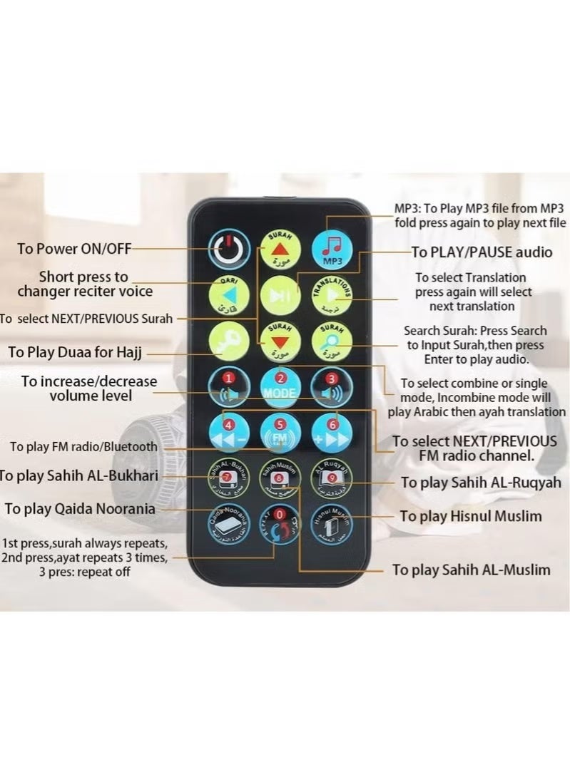 ريبنيو مكبر صوت القرآن الكريم المحمول بتقنية البلوتوث SQ200 - مشغل MP3 بسعة 8 جيجابايت مع جهاز تحكم عن بعد، وراديو FM، وترجمة القرآن الكريم (أسود) - Image 3