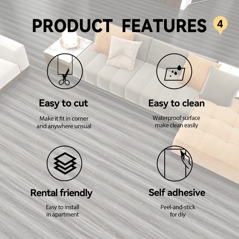 auxua Wood Grain Peel and Stick Floor Tiles â€“ 11.8â€ Width, Full Roll Length of 118" â€“ Versatile Design for Any Space, Grey Self Adhesive Vinyl Flooring, Waterproof and Non-Slip Features - Image 4