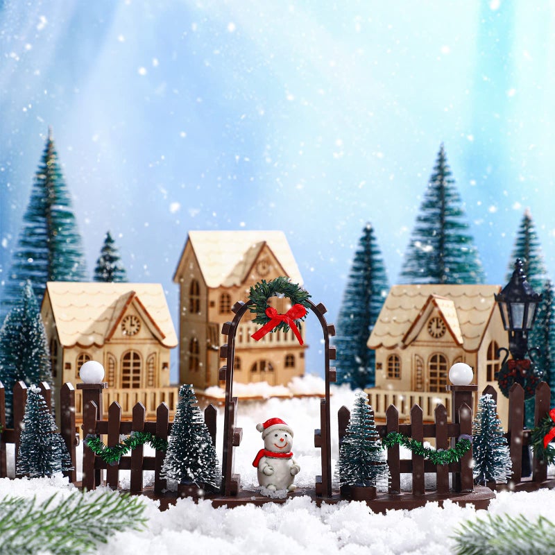 5 Pcs Christmas Village Decorative Fences Entry Gate Lit Figurine Christmas Wreath Tree Picket Fence Snow Accessories for Village Collections Snow Fence FigurineBrown Series