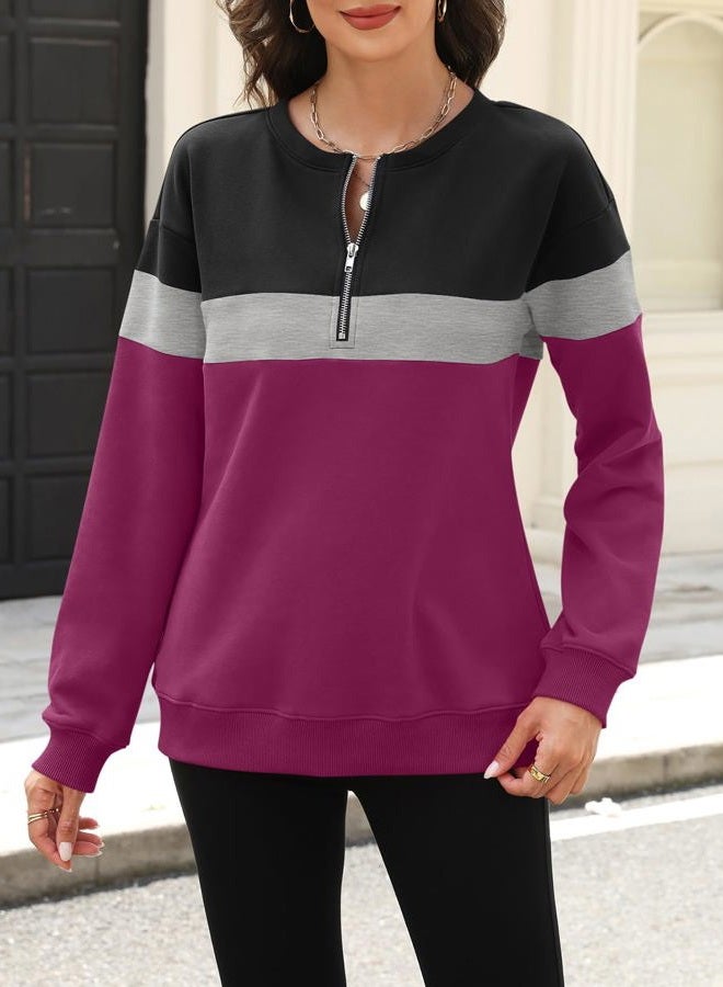 TICTICMISS Womens Sweatshirts Half Zip Fleece Pullover Tops Color Block Quarter Zipper Hoodies Fall Winter Clothes, Black-gray-purple, XXL - Image 2