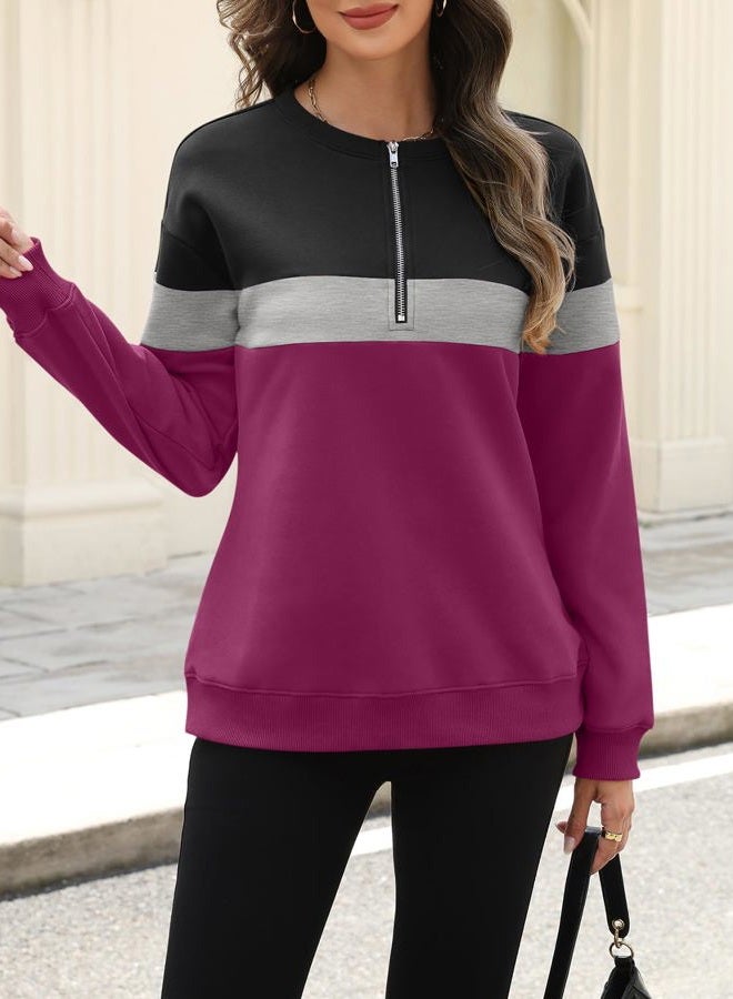 TICTICMISS Womens Sweatshirts Half Zip Fleece Pullover Tops Color Block Quarter Zipper Hoodies Fall Winter Clothes, Black-gray-purple, XXL - Image 4