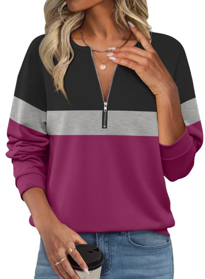 TICTICMISS Womens Sweatshirts Half Zip Fleece Pullover Tops Color Block Quarter Zipper Hoodies Fall Winter Clothes, Black-gray-purple, XXL - Image 1