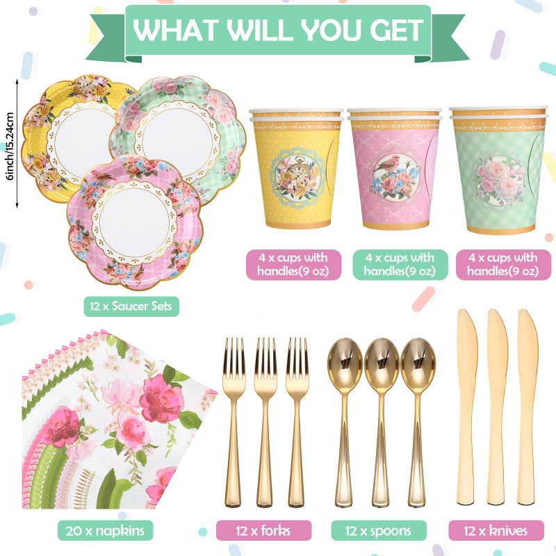 Layhit 83 Pcs Floral Tea Party Set for Girls Disposable Vintage Tableware with 3-Tier Cake Stand, 12 Serves Paper Cups and Saucers, Plates, Napkins, Cutlery for Birthday, Baby Shower(Vivid) - Image 2