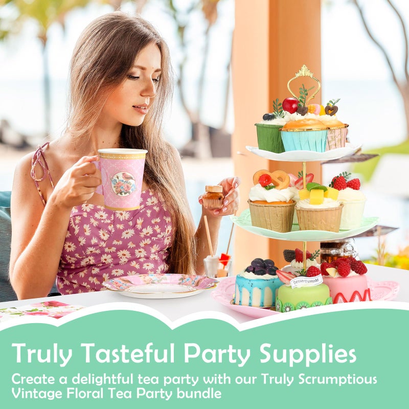 Layhit 83 Pcs Floral Tea Party Set for Girls Disposable Vintage Tableware with 3-Tier Cake Stand, 12 Serves Paper Cups and Saucers, Plates, Napkins, Cutlery for Birthday, Baby Shower(Vivid) - Image 5
