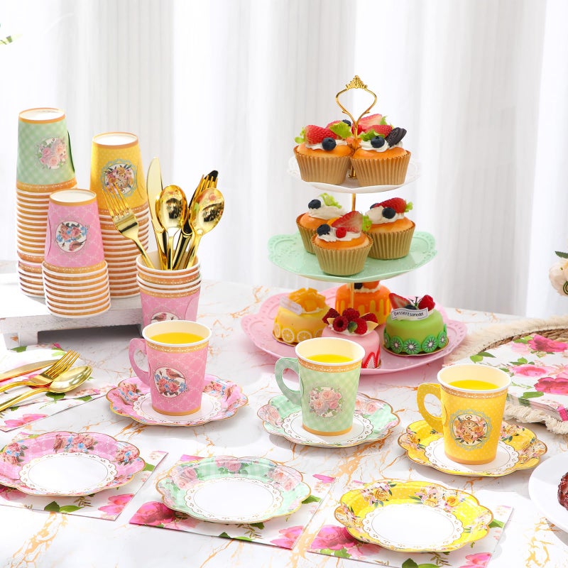 Layhit 83 Pcs Floral Tea Party Set for Girls Disposable Vintage Tableware with 3-Tier Cake Stand, 12 Serves Paper Cups and Saucers, Plates, Napkins, Cutlery for Birthday, Baby Shower(Vivid) - Image 4