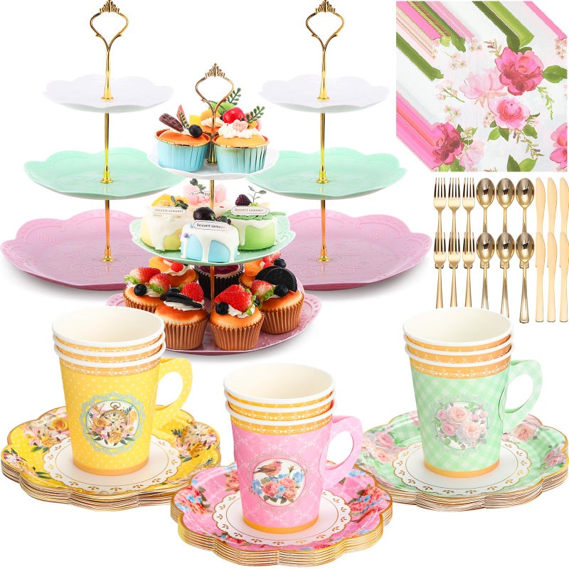 Layhit 83 Pcs Floral Tea Party Set for Girls Disposable Vintage Tableware with 3-Tier Cake Stand, 12 Serves Paper Cups and Saucers, Plates, Napkins, Cutlery for Birthday, Baby Shower(Vivid) - Image 1