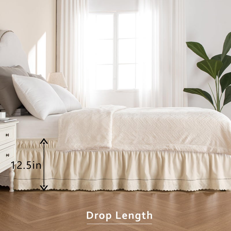 MIYE Wrap Around Ruffled Lace Bed Skirt, Elastic Dust Ruffle with Adjustable Belts, Easy to Put On, Bed Frame Cover, Machine Washable (Embroidered/Light Beige, King/Queen-12.5" Drop) - Image 4