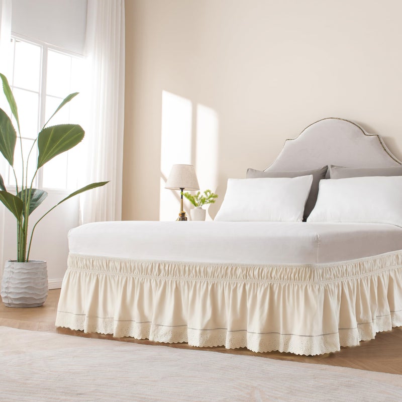 MIYE Wrap Around Ruffled Lace Bed Skirt, Elastic Dust Ruffle with Adjustable Belts, Easy to Put On, Bed Frame Cover, Machine Washable (Embroidered/Light Beige, King/Queen-12.5" Drop) - Image 2