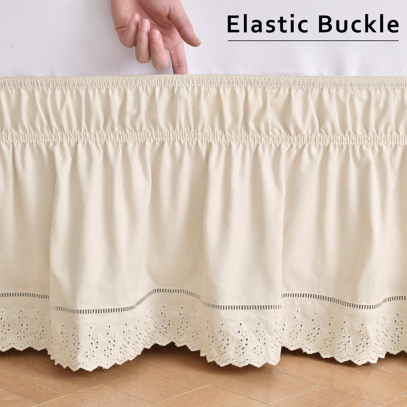 MIYE Wrap Around Ruffled Lace Bed Skirt, Elastic Dust Ruffle with Adjustable Belts, Easy to Put On, Bed Frame Cover, Machine Washable (Embroidered/Light Beige, King/Queen-12.5" Drop) - Image 5