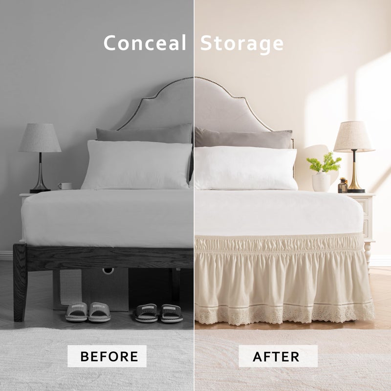 MIYE Wrap Around Ruffled Lace Bed Skirt, Elastic Dust Ruffle with Adjustable Belts, Easy to Put On, Bed Frame Cover, Machine Washable (Embroidered/Light Beige, King/Queen-12.5" Drop) - Image 3