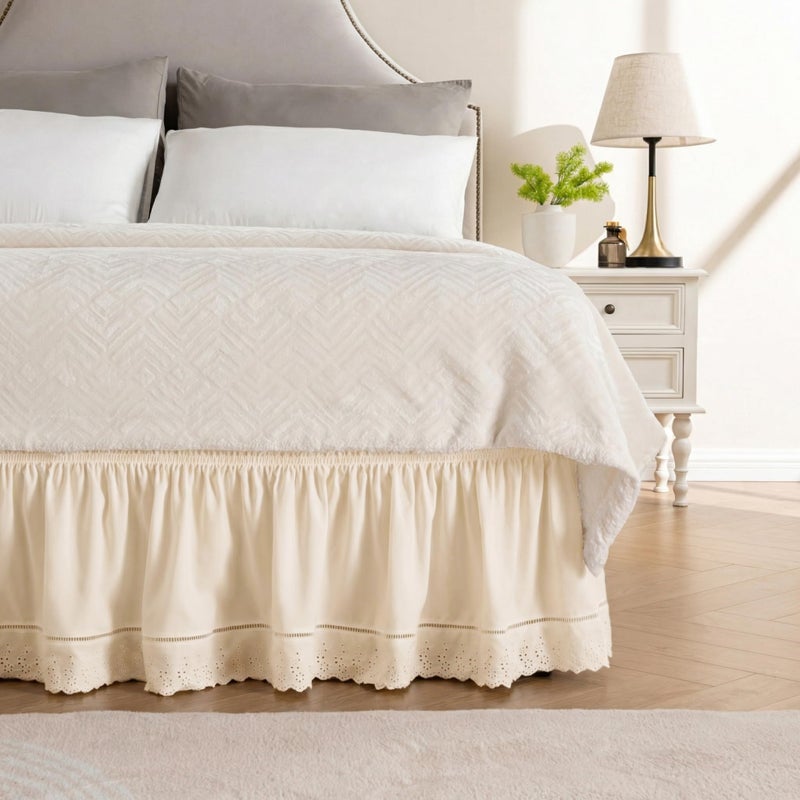MIYE Wrap Around Ruffled Lace Bed Skirt, Elastic Dust Ruffle with Adjustable Belts, Easy to Put On, Bed Frame Cover, Machine Washable (Embroidered/Light Beige, King/Queen-12.5" Drop) - Image 1