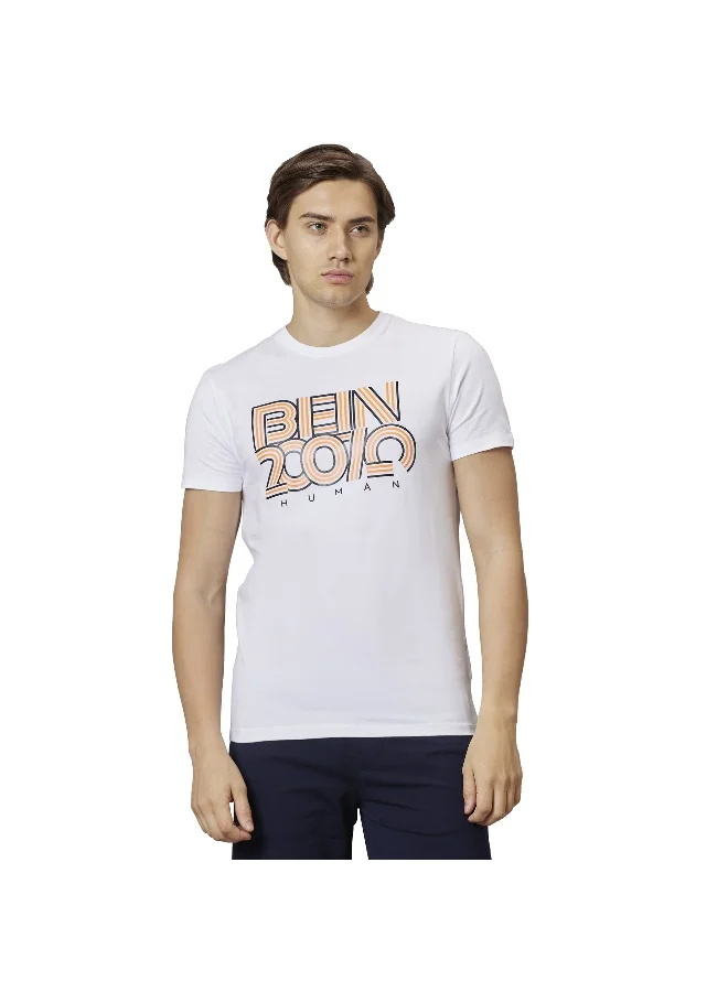 بيينغ هيومان Mens White Round Neck Short Sleeve T-Shirt