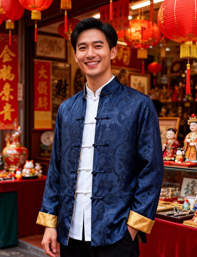 Funny World Tang Suit Men Hanfu Chinese New Year Shirt Traditional Clothes Both Sides Long Sleeve Top, Blue Gold, Large - Image 2
