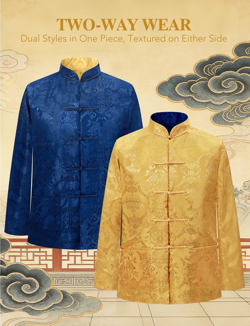 Funny World Tang Suit Men Hanfu Chinese New Year Shirt Traditional Clothes Both Sides Long Sleeve Top, Blue Gold, Large - Image 4