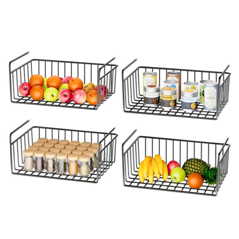 SUFAUY 4pcs Under Shelf Basket Hanging Cabinet Under Sink Wire Rack Organizer Extra Large Storage Basket 106 D x 16 W x 6 H Black
