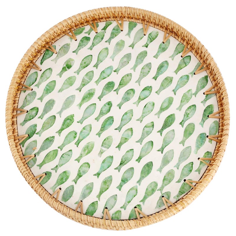 Tynulox Round Rattan Tray with Mother of Pearl Inlay, Rattan Serving Tray for Coffee, Bread, Fruits, Decorative Wicker Tray for Table Decor, Home Decor, Kitchen Island Decor (Round Green Fish, 11.8") - Image 1