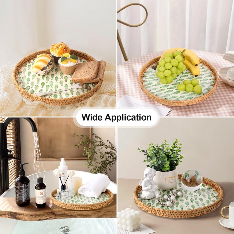 Tynulox Round Rattan Tray with Mother of Pearl Inlay, Rattan Serving Tray for Coffee, Bread, Fruits, Decorative Wicker Tray for Table Decor, Home Decor, Kitchen Island Decor (Round Green Fish, 11.8") - Image 2