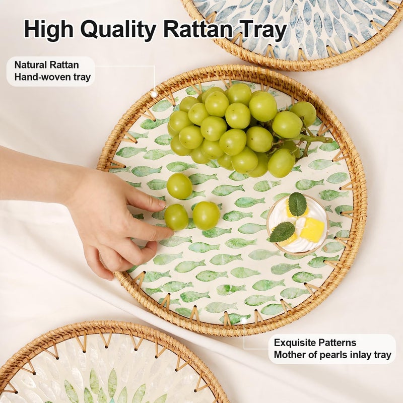 Tynulox Round Rattan Tray with Mother of Pearl Inlay, Rattan Serving Tray for Coffee, Bread, Fruits, Decorative Wicker Tray for Table Decor, Home Decor, Kitchen Island Decor (Round Green Fish, 11.8") - Image 5