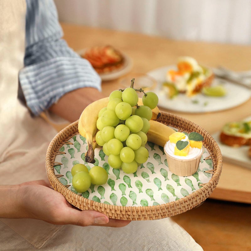 Tynulox Round Rattan Tray with Mother of Pearl Inlay, Rattan Serving Tray for Coffee, Bread, Fruits, Decorative Wicker Tray for Table Decor, Home Decor, Kitchen Island Decor (Round Green Fish, 11.8") - Image 4