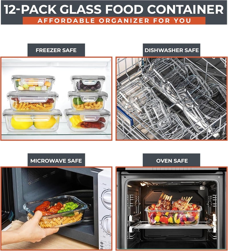 ار اف ايه كيو كيه 24 عبوة من حاويات تخزين الطعام الزجاجية - 35 أونصة - 11 أونصة (12 حاوية و12 غطاء) حاويات تحضير الوجبات محكمة الإغلاق لحاويات المطبخ والتخزين - صندوق غداء مانع للتسرب آمن للاستخدام في الفرن والفريزر حافظات طعام زجاجية - Image 3