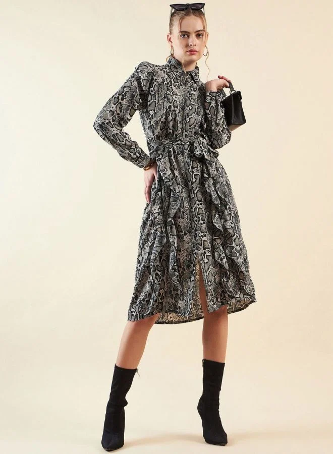 Women Regular Fit Animal Printed Shirt Collar Long Sleeve Midi Dress