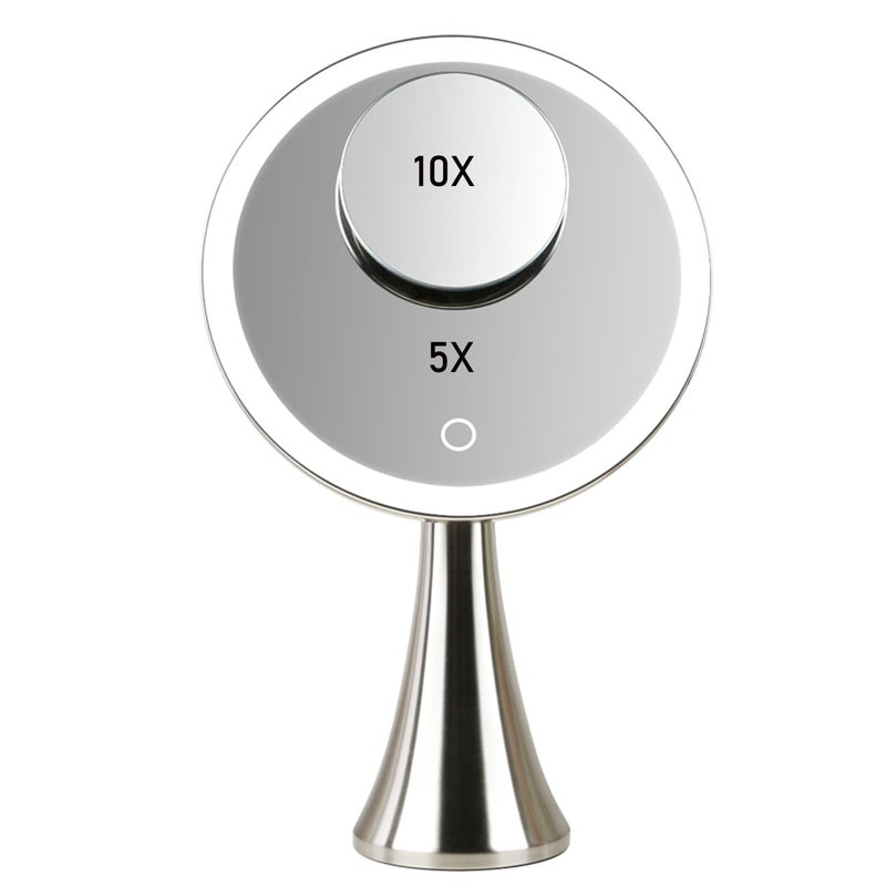 Surdy 9inch Lighted Round Makeup Vanity Mirror, 5X/10X Dual Magnification with Ultra Bright LED Lights Beauty Mirror, Rechargeable, Cordless, Touch Control Adjustable Brightness, Brushed Stainless Steel - Image 4