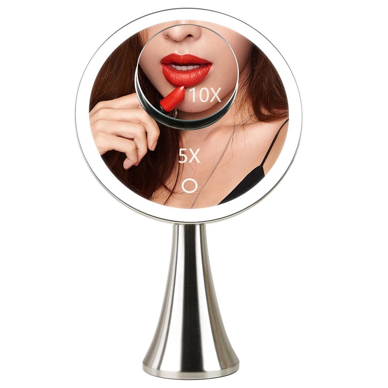 Surdy 9inch Lighted Round Makeup Vanity Mirror, 5X/10X Dual Magnification with Ultra Bright LED Lights Beauty Mirror, Rechargeable, Cordless, Touch Control Adjustable Brightness, Brushed Stainless Steel - Image 1