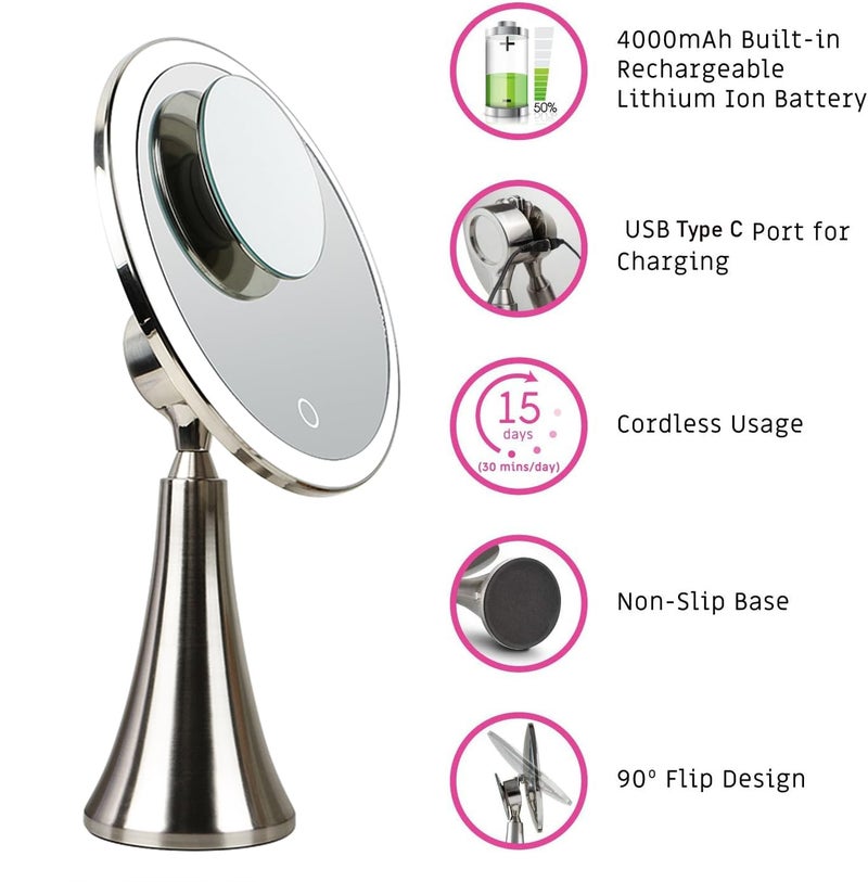 Surdy 9inch Lighted Round Makeup Vanity Mirror, 5X/10X Dual Magnification with Ultra Bright LED Lights Beauty Mirror, Rechargeable, Cordless, Touch Control Adjustable Brightness, Brushed Stainless Steel - Image 3