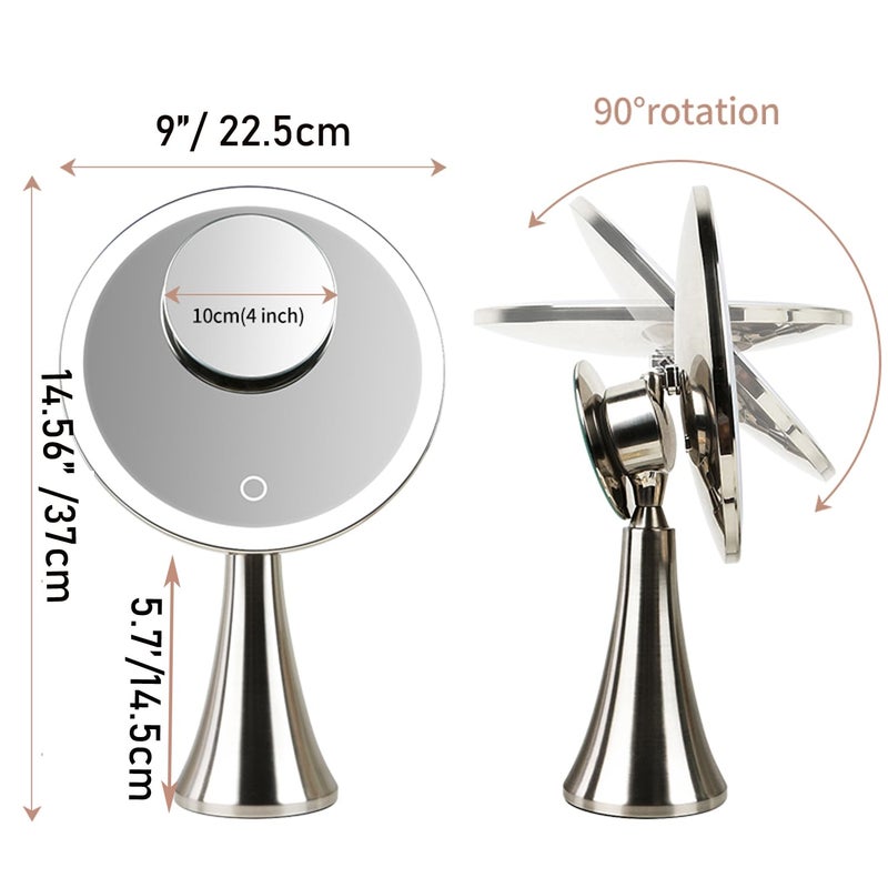 Surdy 9inch Lighted Round Makeup Vanity Mirror, 5X/10X Dual Magnification with Ultra Bright LED Lights Beauty Mirror, Rechargeable, Cordless, Touch Control Adjustable Brightness, Brushed Stainless Steel - Image 2