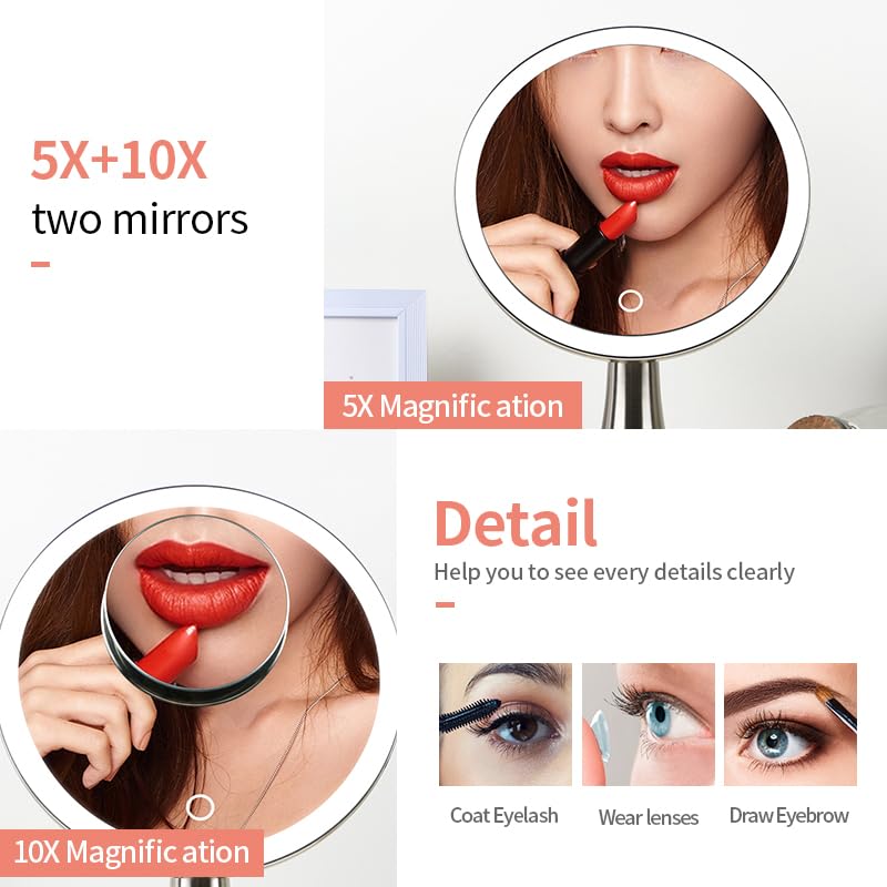 Surdy 9inch Lighted Round Makeup Vanity Mirror, 5X/10X Dual Magnification with Ultra Bright LED Lights Beauty Mirror, Rechargeable, Cordless, Touch Control Adjustable Brightness, Brushed Stainless Steel - Image 5